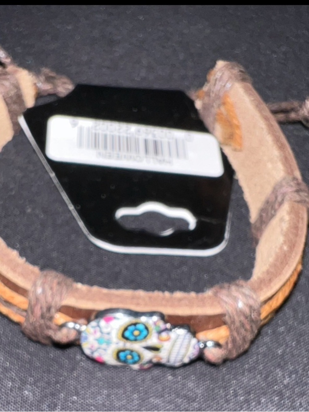 Brown Leather Adjustable Bracelet with Multicolor Sugar Skull Charm